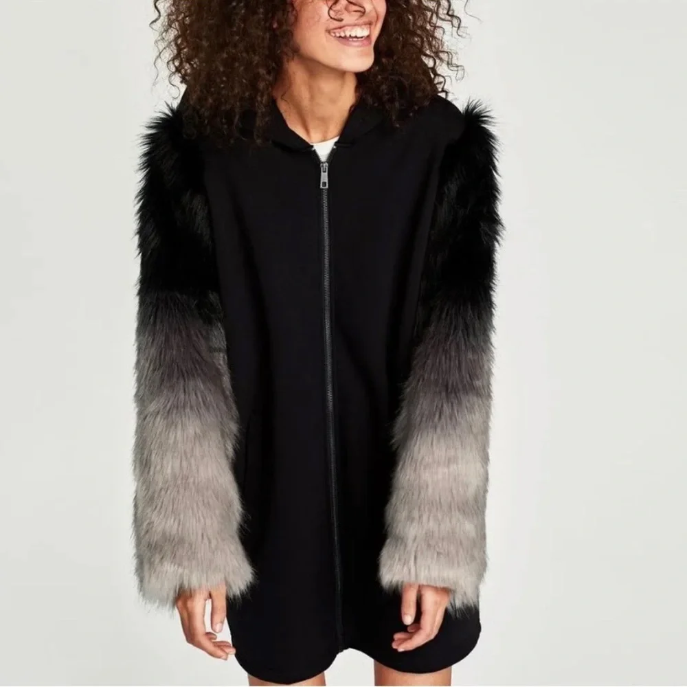 Zara Womens Oversized Hoodie Jacket with Faux Fur Sleeves size S